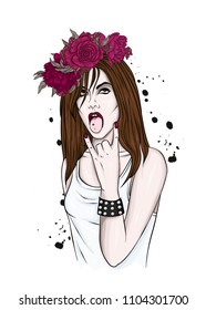 A beautiful girl with long hair, in a white tank top and in a wreath of flowers. Vector illustration. Roses and peonies. Rock. Fashionable look, clothes and accessories.