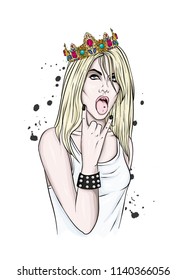 A beautiful girl with long hair, in a white tank top and with a crown. Vector illustration. Rock. Fashionable look, clothes and accessories.