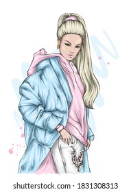 Beautiful girl with long hair in a winter down jacket. Fashion and style, clothing and accessories. Vector illustration. Winter and autumn, new year and christmas.