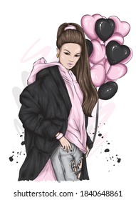 Beautiful girl with long hair in a winter down jacket. Fashion and style, clothing and accessories. Vector illustration. Winter and autumn, new year and christmas.