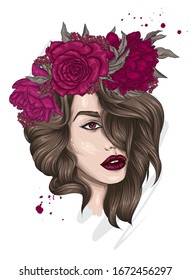 Beautiful girl with long hair in a wreath of roses and peonies. Flowers Big eyes and full lips. Vector illustration for greeting card or poster, print on clothes. Fashion and style, accessories.