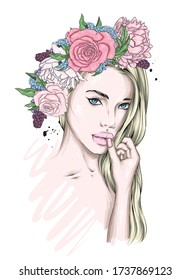 Beautiful girl with long hair in a wreath of roses and peonies. Flowers Big eyes and full lips. Vector illustration for greeting card or poster, print on clothes. Fashion and style, accessories.