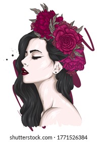 Beautiful girl with long hair in a wreath of roses and peonies. Flowers Big eyes and full lips. Vector illustration for greeting card or poster, print on clothes. Fashion and style, accessories.