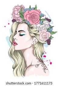 Hermosa chica con el pelo largo en una corona de rosas y peonías. Flores Grandes ojos y labios completos. Ilustración vectorial para tarjeta de saludo o afiche, impreso en ropa. Moda y estilo, accesorios.