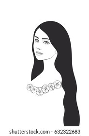 Beautiful girl with long loose hair in a flower dress isolated over white background.