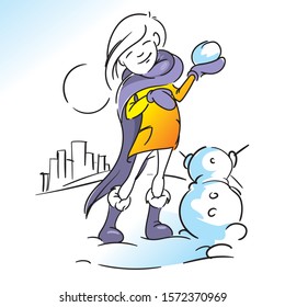 Beautiful girl with a long purple scarf plays in the snowballs and sculpts the snowman