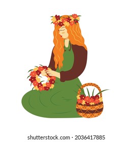 Beautiful girl with long red hair sits in a green dress weaves a flower wreath. Wicker basket with flowers stands nearby. Colorful vector isolated illustration cartoon