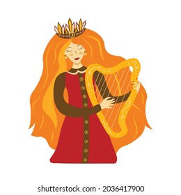 Beautiful girl with long red hair plays the harp. Crown with jewels on the head. Colorful vector isolated illustration cartoon. Ancient musical instrument
