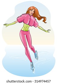 Beautiful girl with long red hair in a pink fur coat skates at the rink with ice in the winter, ice skating in the Christmas Holidays day, vector