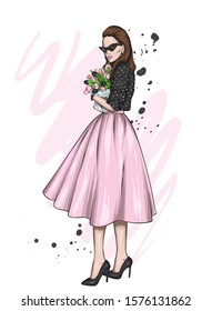 Beautiful girl in a long skirt and a blouse. Stylish woman with long hair and a bouquet of tulips. Spring and flowers, fashion and style, clothes, accessories. Vector illustration for a card or poster