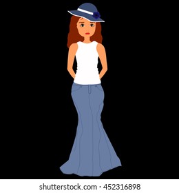 beautiful girl in a long skirt and hat on a black background. Pattern to decorate the pages of a magazine or store. Vector illustration