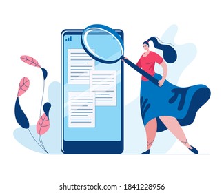 A beautiful girl in a long skirt with a large magnifying glass searches for information in a smartphone. Concept of a vector illustration in a flat style on the theme of modern technologies.