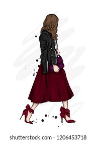 Beautiful girl in a long skirt, leather jacket and high-heeled shoes. Vector illustration for greeting card or poster, print on clothes. Fashion and style, clothing and accessories.