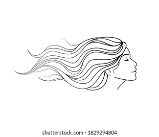 Beautiful girl with long thick wavy hair. Beauty salon logo or print.