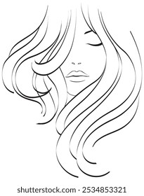 Menina bonita com cabelo ondulado grosso longo isolado no branco. Ícone do salão de beleza. Abstrato linhas cabelo. Ilustração de estoque de vetor.