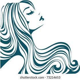 Beautiful girl with long thick wavy hair isolated on white. Beauty salon icon. Abstract lines hair. Vector stock illustration
