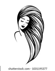 Beautiful girl with long, wavy hair and modern makeup.Cosmetics and hair salon vector icon.