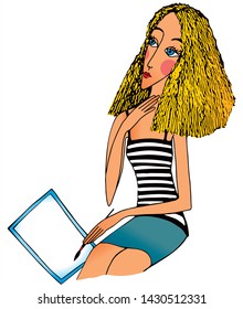 Beautiful girl is looking around to see what to draw on a white sheet of paper. Colored vector for card or gift.