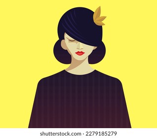 Beautiful Girl looking down with closed eyes. Stylish hairstyle. Vector illustration