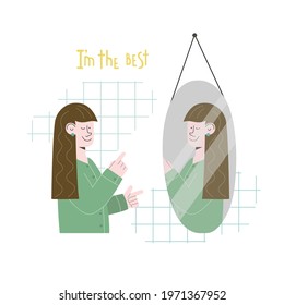 Beautiful girl is looking in the glass and saying affirmation. Lettering I am the best. Vector illustration for banner, card, sticker, article.