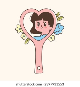 Beautiful girl looking at her reflection in a heart shaped mirror. Vector illustration of self acceptance concept. Hand drawn elements in trendy cute style.