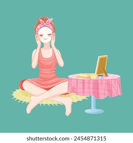 Beautiful girl looking in the mirror and applying facial mask