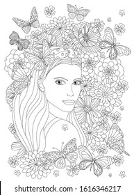 beautiful girl looking over her shoulder surrounded by flowers   butterflies flying around for your coloring page