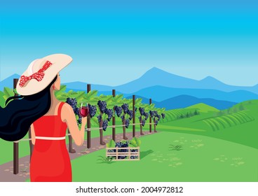 A beautiful girl with loose hair and a glass of wine in her hand looks at the vineyard. Grape harvest and winemaking. Vector illustration.