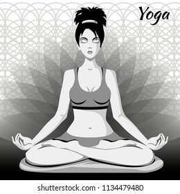Beautiful girl in lotus pose 
in gray tones. Yoga and meditation. Vector illustration.