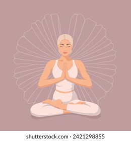 Beautiful girl in lotus position doing yoga, international yoga day. Poster. Vector illustration EPS10