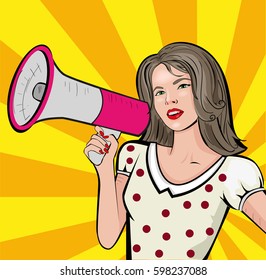Beautiful girl with loudspeaker. Pop art illustration