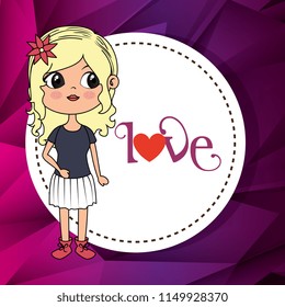 beautiful girl with love frame kawaii character
