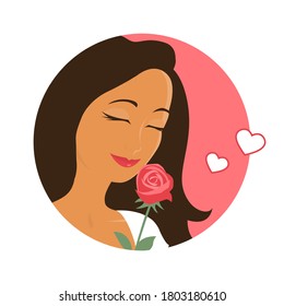 Beautiful girl in love with a rose. Enjoy the floral scent. Vector romantic illustration. Round avatar.