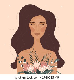 beautiful girl with lush hair and a bouquet of flowers. Vector illustration portrait of a young woman