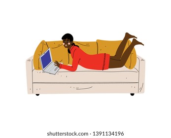 Beautiful Girl Lying On Sofa with Laptop, Young African American Woman Working or Relaxing at Home Using Computer Vector Illustration