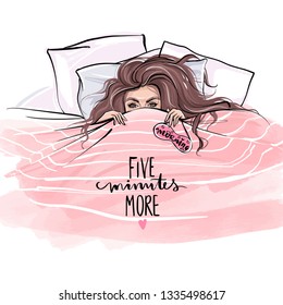 Beautiful girl lying on soft pillows and hiding under blanket in bed. Young woman in the morning. Vector fashion illustration. Cute girl awake and covering half face with sheets.