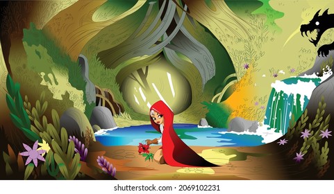 beautiful girl in a magic forest near a lake with a waterfall