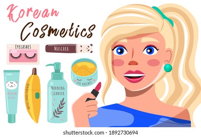 Beautiful girl makes look and does makeup looks after beauty and paints lips, advertises a cosmetics. Makeup tools and Korean cosmetics materials. Beauty products collection for skin care and health