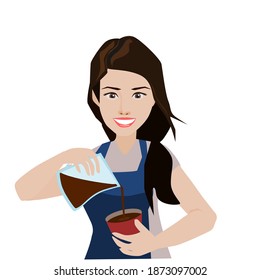 Beautiful girl making coffee.Vector illustration isolated on white backgroundCute design for t shirt print, icon, logo, label, patch or sticker. Vector illustration.