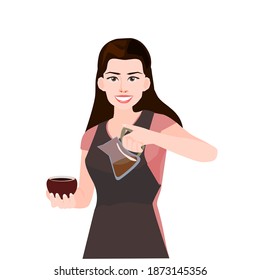 Beautiful girl making coffee.Vector illustration isolated on white background.Cute design for t shirt print, icon, logo, label, patch or sticker. Vector illustration.