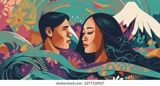 A beautiful girl and man on background waves in tropical colors and asian patterns, banner for Asian American and Pacific Islander Heritage Month (may) or South Asian Heritage Month (july - August)

