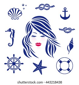 Beautiful girl and marine theme icons. Icons set.Vector illustration on white background.