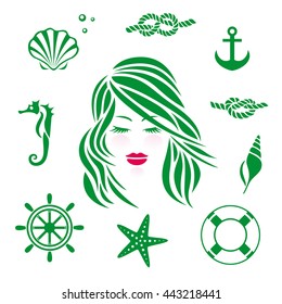 Beautiful girl and marine theme icons. Icons set.Vector illustration on white background.