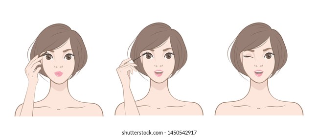 Beautiful Girl with mascara brush. Make up. Happy Woman Applying applying Black mascara On the Lashes. Vector illustration