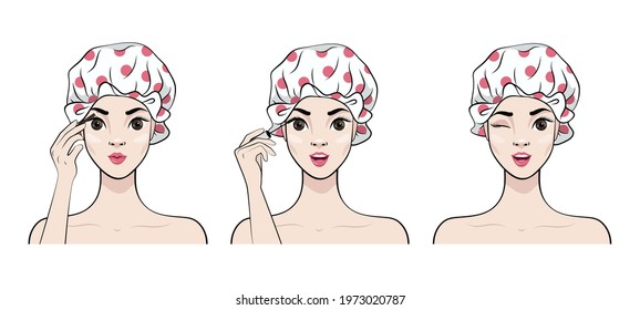 Beautiful Girl with mascara brush. Make up. Happy Woman in shower cap Applying applying Black mascara On the Lashes. Vector illustration