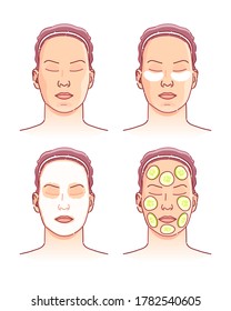 Beautiful girl with a mask on her face. Skin care. Beauty treatment. Cucumber mask. The Spa care. Vector illustration on a white background.