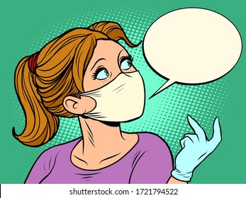 Beautiful girl in medical mask looks sideways. Comics caricature pop art retro illustration drawing