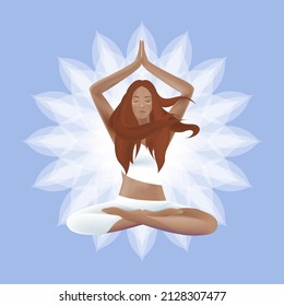 Beautiful girl meditates in lotus position. Big flower background. Concept color vector illustration. 