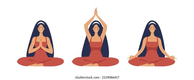 Beautiful girl meditates, set of poses for yoga and relaxation. Flat vector cartoon character isolated on white background. Illustration for design, taking care of the balance of body and mind.