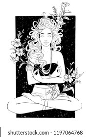 Beautiful girl meditates in yoga pose. Vector hand drawn inked illustration isolated on white background. T-Shirt Design and Printing, clothes, bags, posters, invitations, cards, tattoo etc.